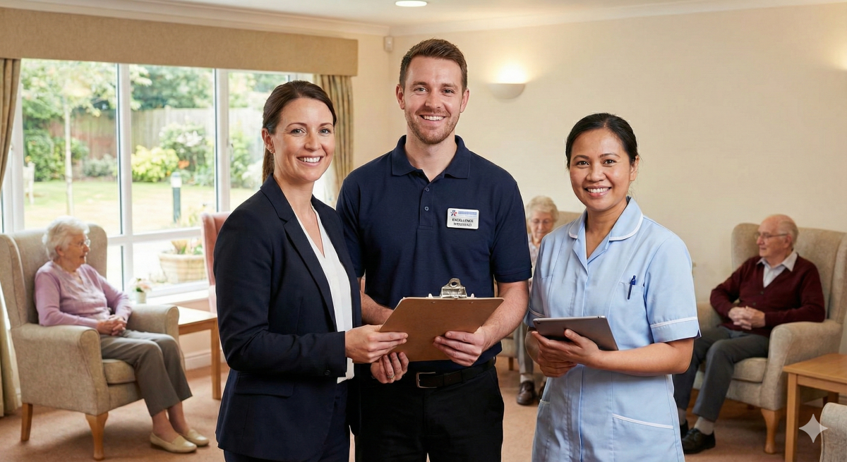 Care home managers and staff discussing sponsor licence compliance