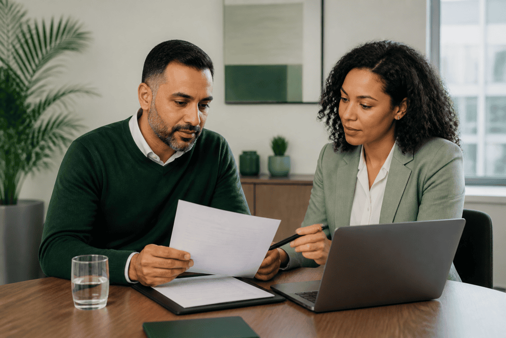 Employer and solicitor reviewing a civil penalty notice