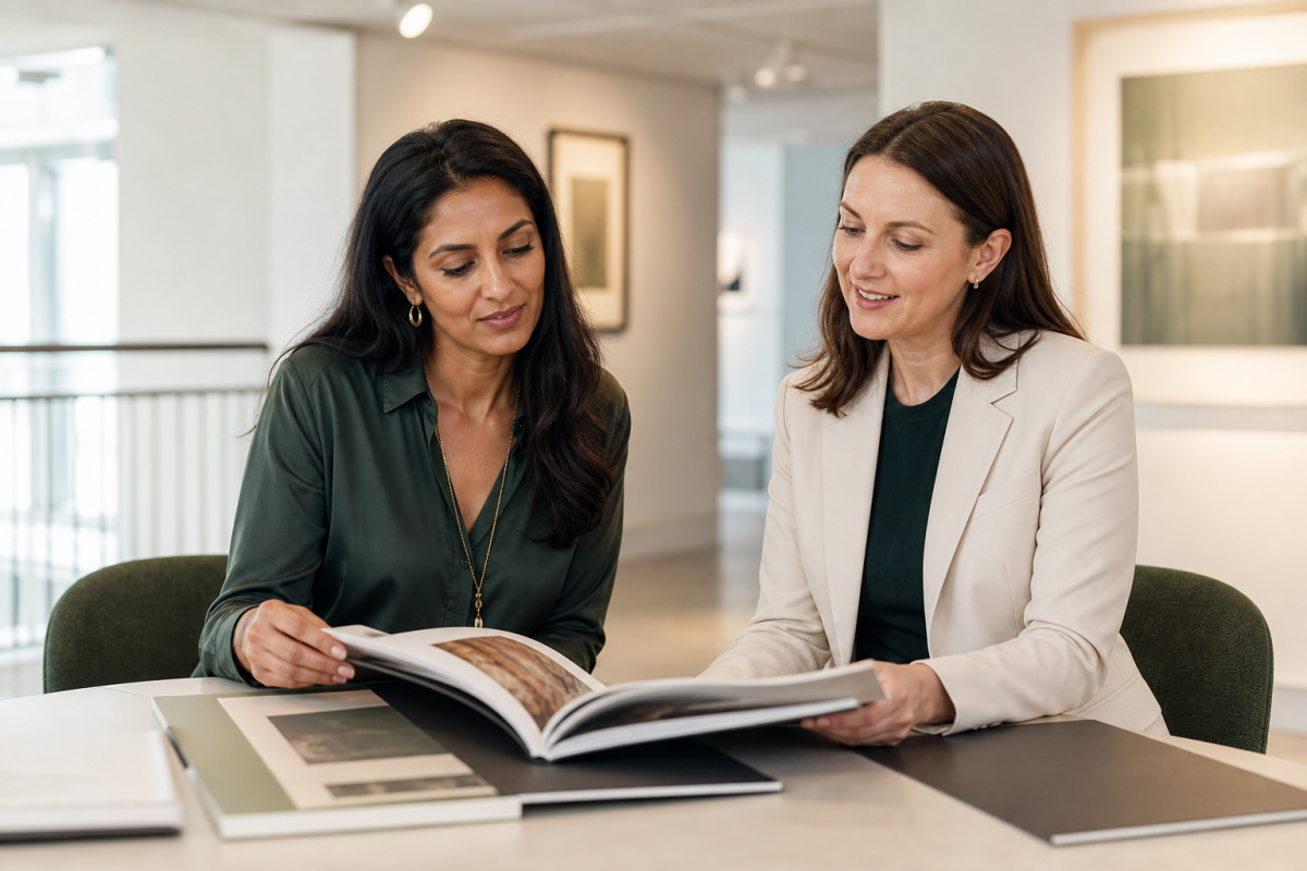 Arts and culture professional reviewing a Global Talent visa portfolio with a legal adviser