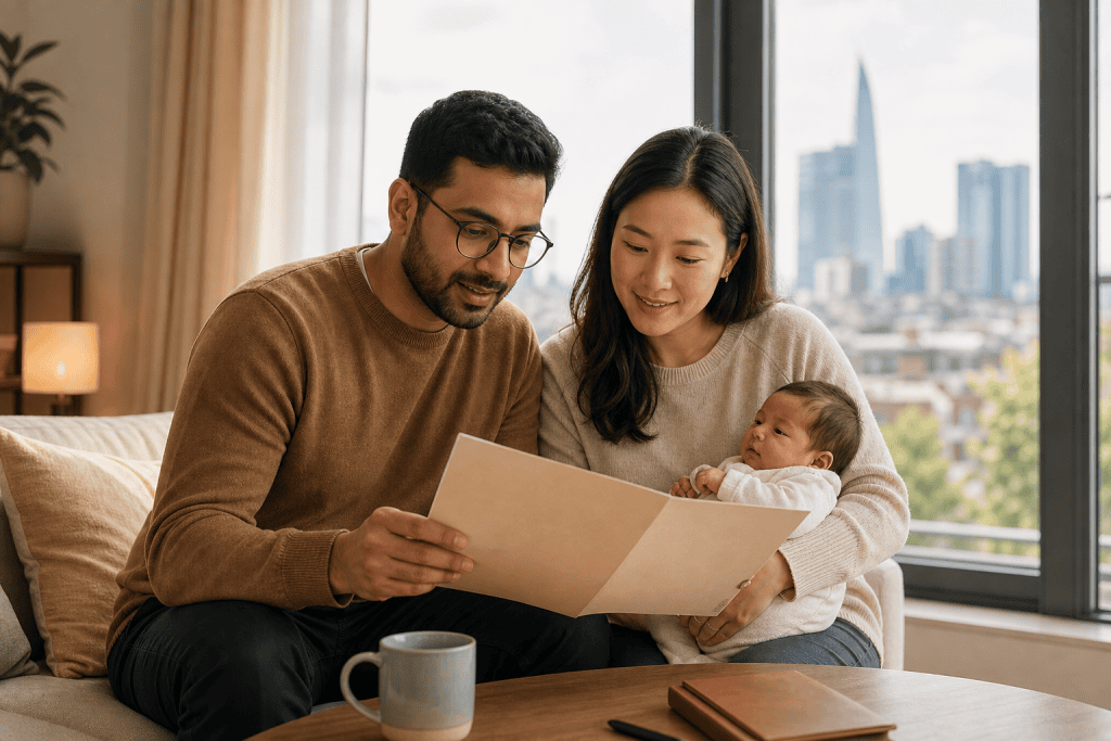 Graduate visa holder and partner reviewing immigration documents for their UK-born baby