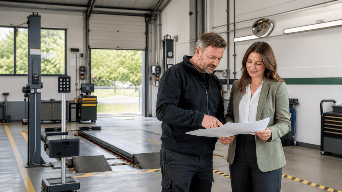 MOT testing centre manager and solicitor reviewing a VT01 site plan