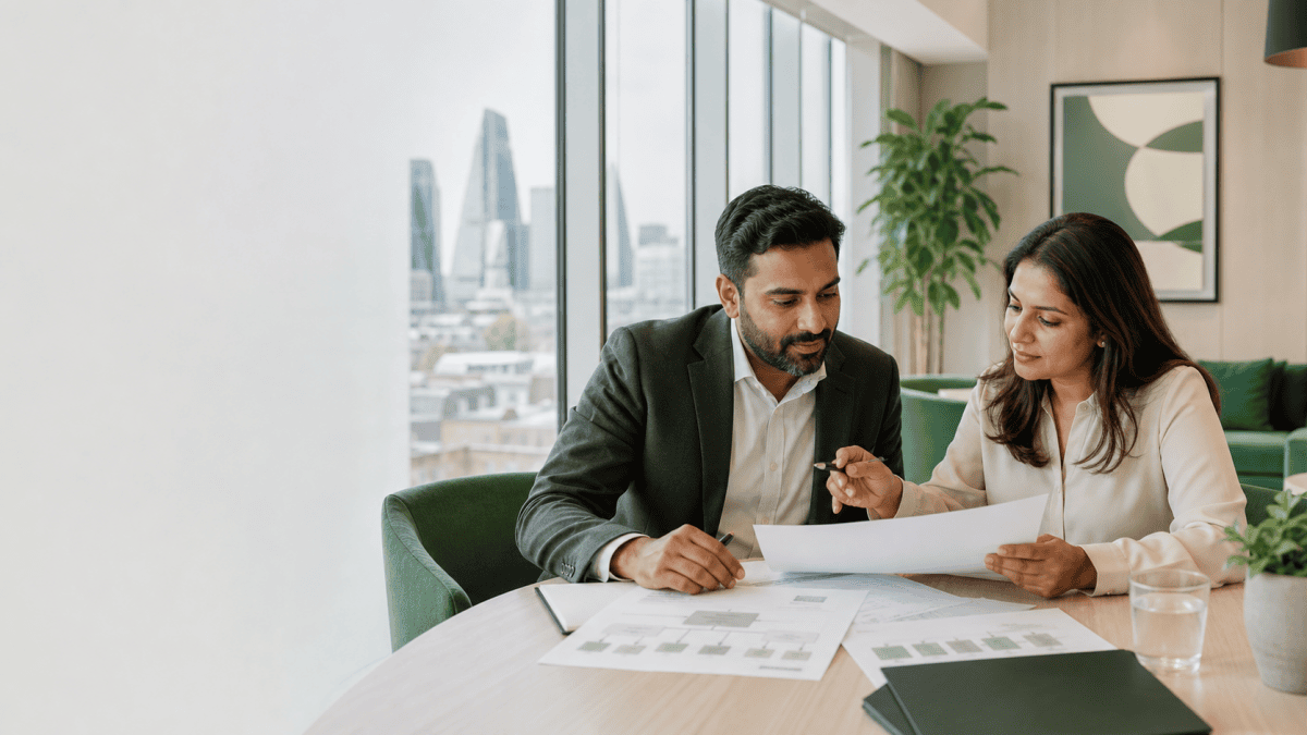 Business founder and solicitor reviewing a UK self-sponsorship strategy
