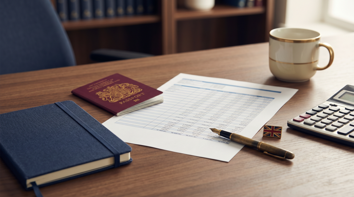 UK passport, payroll spreadsheet, calculator and Union Jack pin representing Skilled Worker salary pay-period compliance under HC 1691 and paragraph SW 14.3B