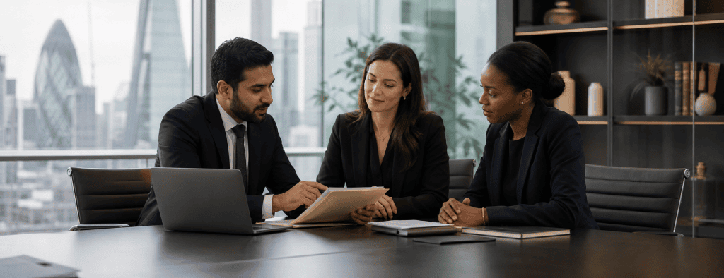 Corporate solicitors reviewing sponsor licence revocation evidence in a London office