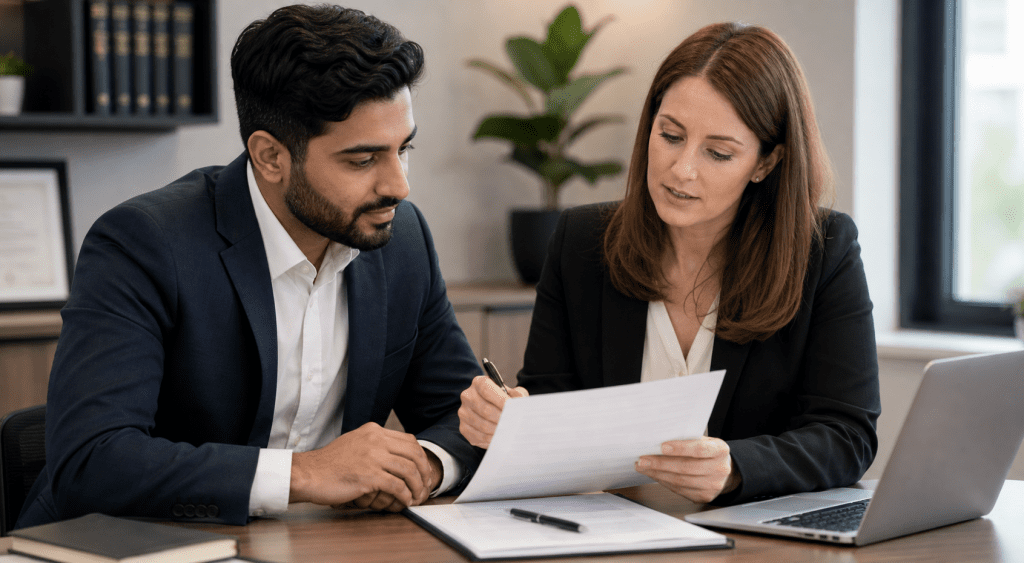 Sponsored worker and solicitor reviewing an employment contract