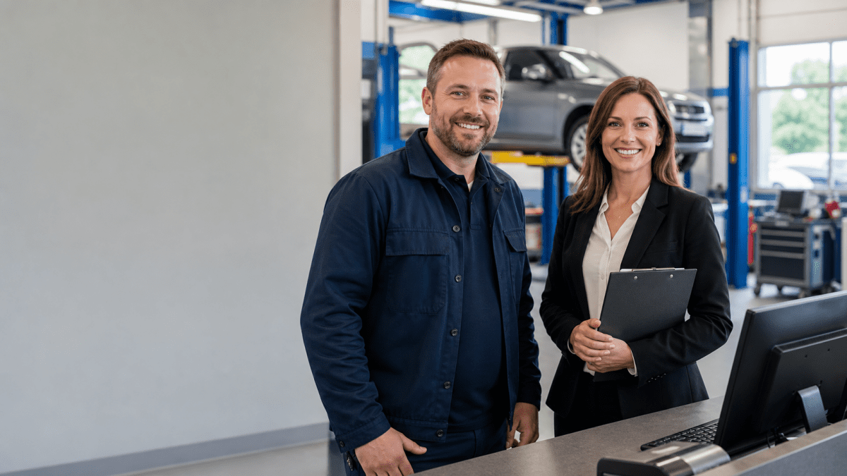 Solicitor reviewing MOT VT01 paperwork in a vehicle testing bay